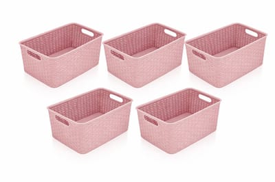 Opbergmanden 10L Roze – Set van 5 Mandjes Riet Kunststof – Opbergbox en Opbergdoos – Kast Organizer – Opbergmand Kinderkamer – 33x22x15,5 cm