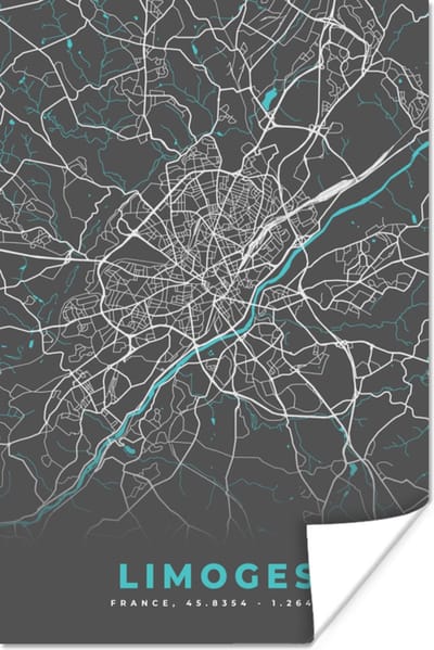 Poster Frankrijk - Plattegrond - Kaart - Stadskaart - Limoges - 120x180 cm XXL