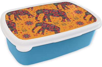 Broodtrommel Blauw - Lunchbox - Brooddoos - Olifant - Ornament - Bloemen - Patroon - 18x12x6 cm - Kinderen - Jongen