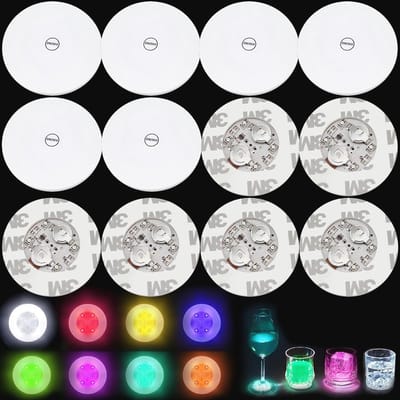 Set van 12 ronde kleurrijke LED-stickers voor sfeerverlichting, inclusief 6 kleurrijke lampen en 6 koudwitte lampen, vervangbare batterij met 4 SMD LED-batterijen en lijm voor flesverlichting, ideaal voor feestdecoratie en ambiance.