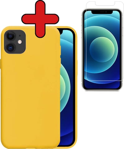 Hoesje - Met Screenprotector - Geschikt voor Apple iPhone 12 Mini - Sterk & Shockproof - Telefoon Hoes - Back Cover - Siliconen Case - Telefoonhoes - Geel