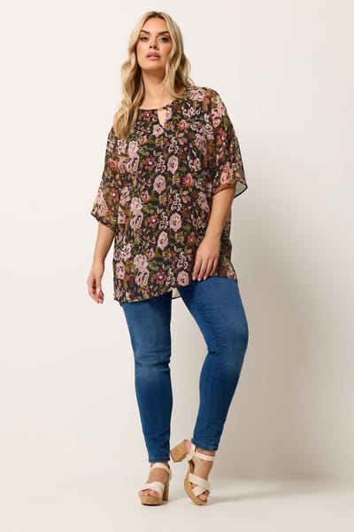 Yours Zwarte Bloemenprint Top Met Keyholedetail Size 44