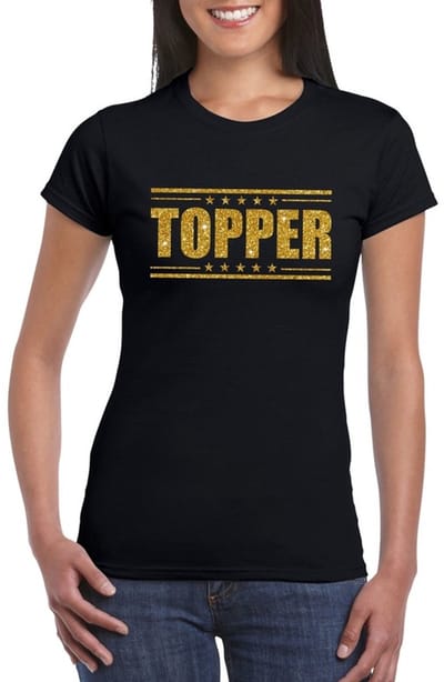 Zwart Topper shirt in gouden glitter letters dames - Toppers dresscode kleding M
