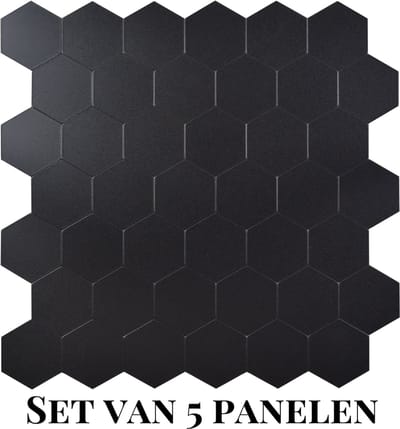 Wallways Wandpanelen - Plaktegels - Set van 5 Tegels - Tegelsticker - Zelfklevende Tegels - 4MM dik - Aluminium toplaag - Waterdicht - Krasbestendig - Hittebestendig - 3M Kleeflaag - Hexagon Zwart