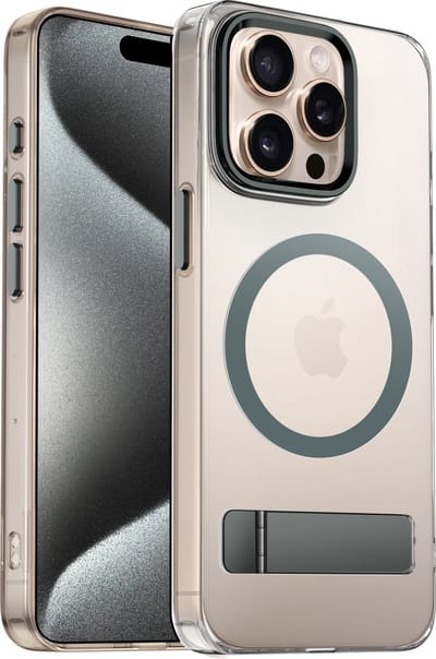 Coverzs Hardcase met Standaard (Grijs) Geschikt voor iPhone 15 Pro Max – Magnetische Sterke Telefoonhoes met Luxe Bescherming
