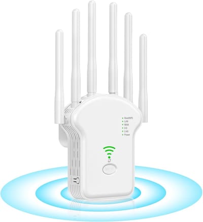 Verbeterde wifi-versterker voor thuisgebruik, 1200 Mbps draadloze wifi-repeater met groot bereik en ethernetpoort, 78% snellere signaalversterker, bereik van 12.000 vierkante voet, ondersteuning voor 100 apparaten, dual-band 2,4 GHz + 5 GHz.