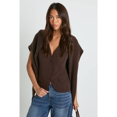 boohoo Dames Knoptrimdetail op maat gemaakt gilet | Chocoladebruin | Maat: 36