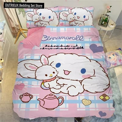 Cinnamoroll Cartoon Dekbedovertrek Kawaii Tieners Kinderen Beddengoed Collectie Schattige Dekbedhoes Polyester Twin Queen King Slaapkamer Decoratie AU Queen(210x210cm)