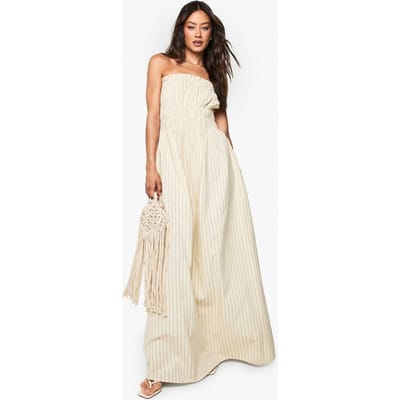 boohoo Dames Hoge linnen look gestreepte maxi jurk met plooien | Ecru | Maat: 14