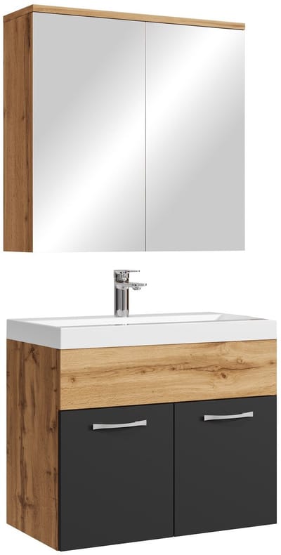 Badplaats Badkamermeubel Montreal 60 x 35 cm – Eiken met Mat Zwart – Wastafel met Onderkast en Spiegelkast