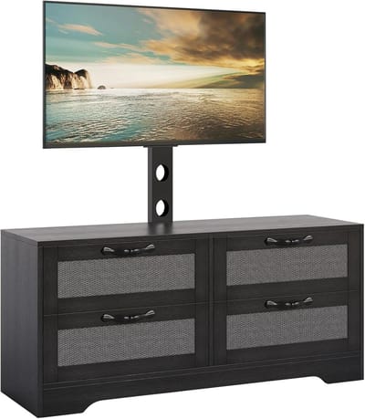 TV-meubel voor slaapkamer of woonkamer – 4 ruime lades – Rotan deuren – Verstelbare tv-beugel voor tv's tot 70 inch–Modern opbergmeubel – Zwarte afwerking