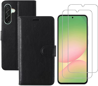 Hoesje geschikt voor Samsung Galaxy A56 bookcase Zwart - Met screenprotector tempered glass Galaxy A56 - 2x