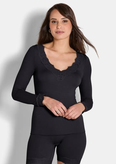 Shirt met lange mouwen en kant - zwart - Gr. 36/38 van Goldner Fashion