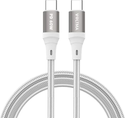 Voltma PHB60CC USB-C oplaadkabel - 1.2 meter 60W USB-C naar USB-C kabel - QC2.0 60 Watt snellader - gevlochten datakabel met 5000+ bochten buigflexibiliteit - snellaadkabel - Type C telefoonoplaadkabel voor iPhone, Samsung, Macbook en Laptop - Wit