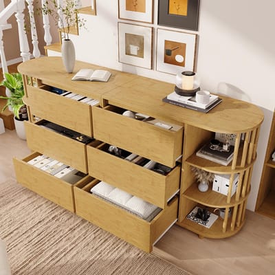 Pugsdrly Commode buffetkast 160 cm eiken, Romeins design met zuilen en bamboe planken, 6 laden en open planken, in hoogte verstelbare poten, H75/L160/P40 cm