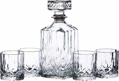 BarCraft Geslepen-Glas Whisky Karaf en Glazen Set in Cadeauverpakking (5 stuks)