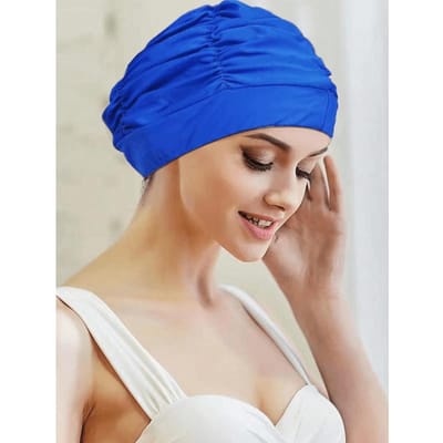 Unisex geplooide stof zwemkap met extra hoofdomtrek voor lang haar en oorbescherming, Strandbenodigdheden, Strandaccessoires, Zwemband one-size koningsblauwe kleur