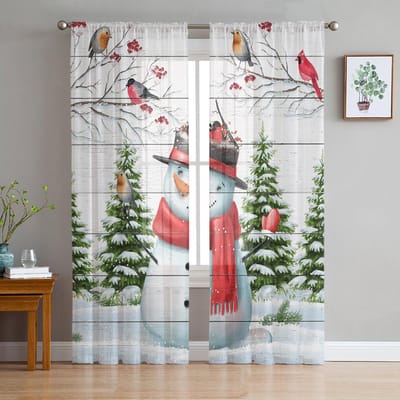 Kerst Winter Sneeuw Tak Sneeuwpop Transparante Gordijnen Voor Kinder Slaapkamer Woonkamer Voile Gordijnen Kerstmis Keuken Tule Gordijn 135W x 114H(cm) white