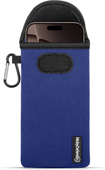 MobyDefend Hoesje - Geschikt voor iPhone 16 Pro Max - Neopreen Pouch Met Karabijnhaak - Insteek - Riemlus - Blauw