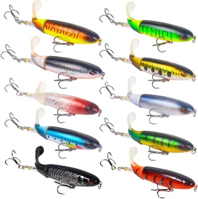 10 Stuks Kunstaas Set - 9cm Bass Popper Met Draaitail - Zoet/Zoutwater - 3 Drievoudige Haken - Multilaag Reflecterende Coating - Voor Baars/Snoek