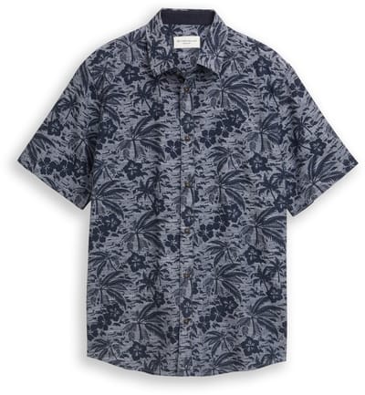 Tom Tailor - Regular fit overhemd met korte mouwen en patroon - Maat XXL - navy palm hibiscus design