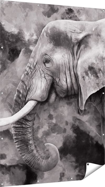Gards Tuinposter Olifant - Abstract - Zwart Wit - 120x180 cm - Tuindoek - Tuindecoratie - Wanddecoratie buiten - Tuinschilderij