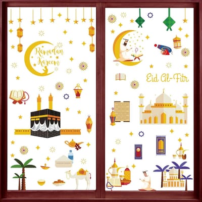 Famanu – Ramadan-raamafbeeldingen -196 stuks ramadan raamdecoratie Eid Mubarak -raamstickers Ramadan Kareem zelfklevende stickers -raamdecoratie decor