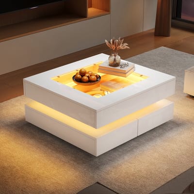 Geometrische Salontafel - 70 x 70 x 35 cm - Glasplaat met LED Licht en 3 Lades - Hoogglans - Woonkamer Tafel - Wit