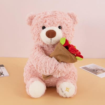 Kawaii Romantische Rozenbeer Pluche Speelgoed Afneembaar Bloemenkleed Beer Draagt Rozenhoed Cartoon Boeket Beer Pop Woondecoratie 25cm roze