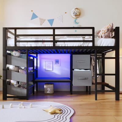 PHOEBE CAT Halfhoogslaper - 90 x 200 cm - Met zitbank - Stoffen lades - LED-verlichting - Kledingstang - Metalen frame - Kinderbed - Zwart
