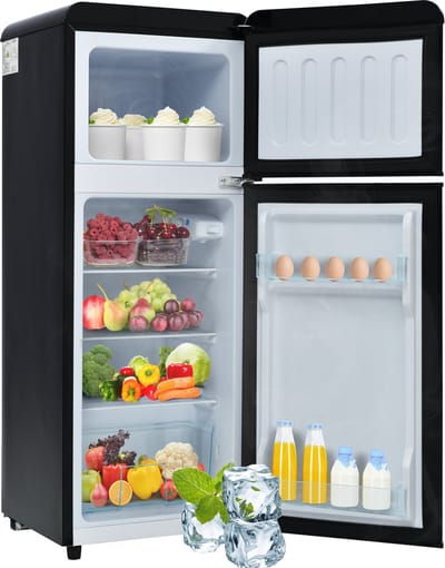 Sweiko Koel-vriescombinatie, Retro koelkast, 105.5*41cm, tweedeurs, 92 liter totaalvolume, met 28 liter vriesvolume, 181 kWh/jaar, -27°C ~13°C, LED-licht [Energieklasse F]