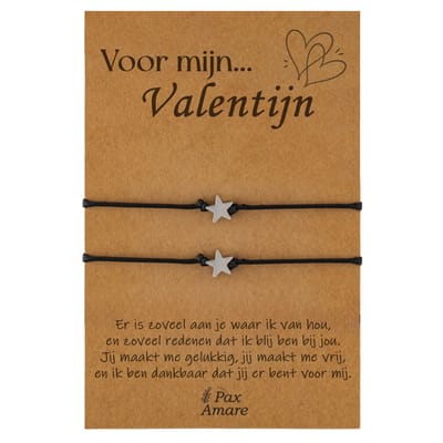 Koppel Armbandjes voor 2 "Voor Mijn Valentijn" - Sterretjes - Vriendschapsarmbandjes met Persoonlijk Cadeau Kaartje - Zilverkleurig - Elastisch Verstelbaar - Pax Amare