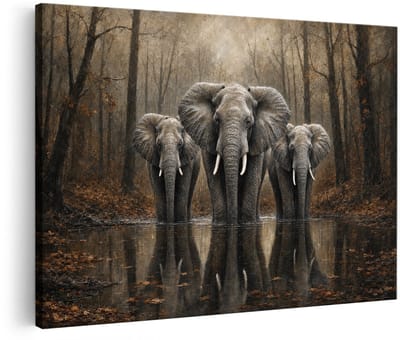 Artaza Canvas Schilderij Olifanten In Bos - Natuur - Herfstsfeer - 120x80 cm - Groot - Wanddecoratie Woonkamer - Schilderijen - Muurdecoratie