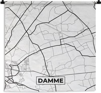 Wandkleed - Wanddoek - België – Damme – Stadskaart – Kaart – Zwart Wit – Plattegrond - 180x180 cm - Wandtapijt
