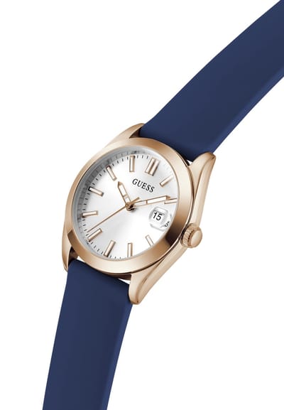 Guess Alice Quartz Analoog Horloge Blauw Kast Gemaakt Van 100% Roestvrij Staal En Een Armband Van 100% Siliconen 32 GW1033L1, GW1033L2, GW1033L4