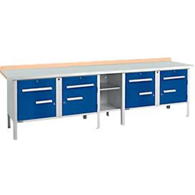 Box-type werkbank Schäfer Shop Select PWi 300-0, beuken multiplex blad, met stalen afdekking, tot 750 kg, B 3000 x D 700 x H 840 mm, gentiaanblauw