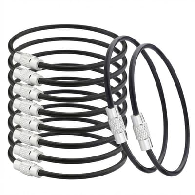 Zwarte sleutelhanger kabel set – 10 delige roestvrij stalen sleutelringen met staalkabel – flexibele keychain met schroefsluiting – stevige sleutelhangers voor sleutels, bagage en accessoires