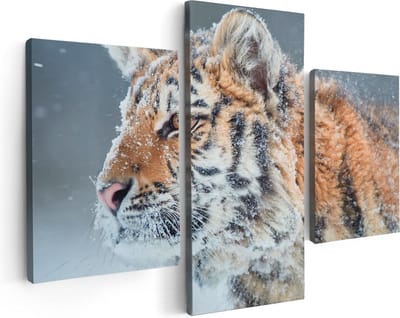 Artaza Canvas Schilderij Drieluik Tijger Tijdens De Sneeuw - 90x60 cm - Wanddecoratie Woonkamer - Schilderijen - Muurdecoratie