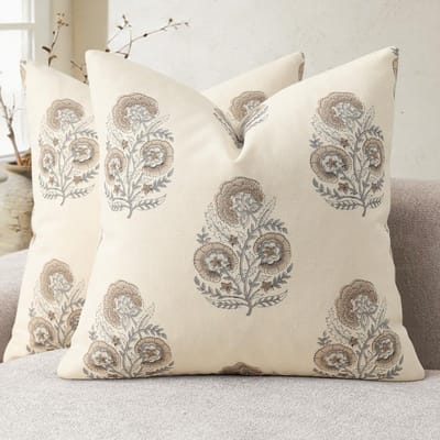 Dailygoods- Kussenhoes Vintage Bloemendruk - Set van 2 - 45x45 cm - Decoratiekussens - Bankkussens - Lichtbruin - Machinewasbaar - Decoratiekussen