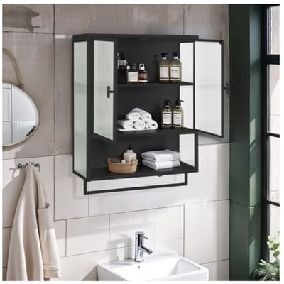Moderne kledingkast met dubbele glazen deur, breedte 60 cm, met open planken en handdoekhouder, zwarte afwerking.