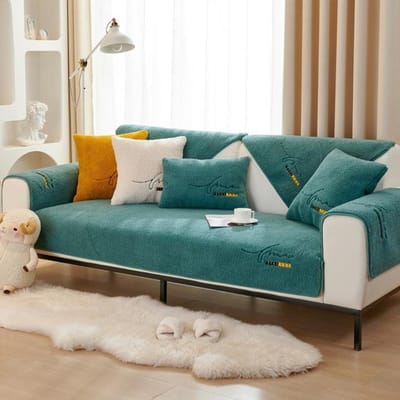 Moderne Winter Dikke Warme Pluche Gewatteerde Bankovertrek Borduurwerk Lamswol Anti-Slip Bankhanddoek Superzachte Warme Bankovertrek L-Vorm 1 Pillowcase 50x30cm groen