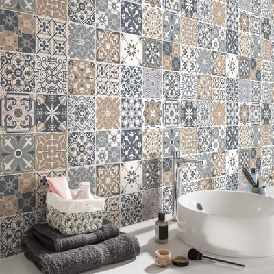 Zelfklevende tegelmuurstickers voor keuken en badkamer - 24 cementtegelstickers, Azulejos Bruniona - 24 stickers, 15x15cm