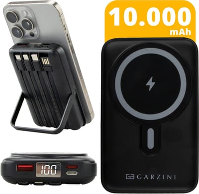Garzini MagSafe Powerbank 10.000 mAh – Draadloos & MagSafe Opladen – 15W Snellader – 4 Kabels (USB-C, Lightning, Micro-USB, USB-A) – LED-display – iPhone 12/13/14/15/16/17 & Android - Noodpakket – Zwart