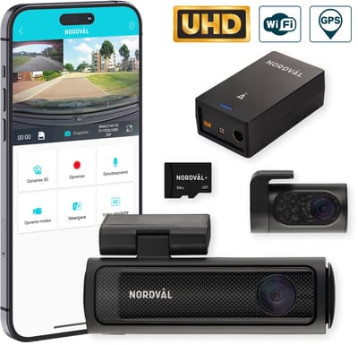 Nordväl DC202-2CH Dashcam – Incl. 64GB SD Kaart & BP125 Battery Pack – 4K Ultra HD voor en 2K QHD achter – Wifi – GPS – Parkeermodus – Dashcam voor auto – Auto Camera
