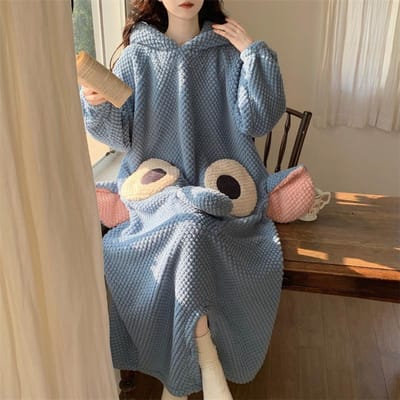 Pyjama à capuche pour femme, mignon et doux, motif dessin animé, pyjama une pièce, ample, décontracté, en molleton de corail, vêtements de maison en flanelle 2XL bleu