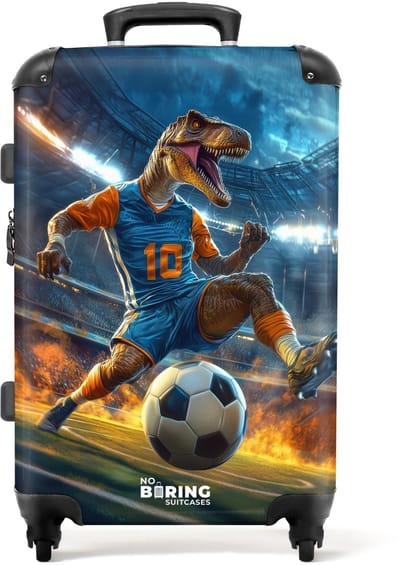 NoBoringSuitcases.com® - Kinderkoffer jongen - Kindertrolley jongens - T-Rex als voetballer in vol stadion - Koffer kind groot - Rolkoffer lichtgewicht - Reiskoffer met 4 wielen - Grote trolley XL - 20 kg bagage