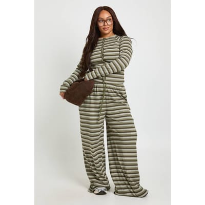 boohoo Dames Plus Gestreepte Wijdpijp Broek | Olijf | Maat: 46