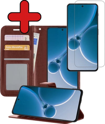 Hoesje - Met Screenprotector - Geschikt voor OnePlus Nord 3 - Luxe Pasjeshouder - Flipcase - Bookcase Portemonee - Flip Case - Kunstleer Book Case - Book Cover - Walletcase - Portemonneehoes - Telefoonhoes - Bruin
