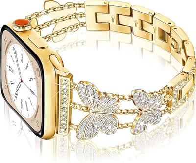 Stravo Luxe Dames Horlogebandje met Vlinder & Strass – Elegant Armband Bandje – Geschikt voor Apple Watch 42mm (Series 11/10), 41mm (Series 9/8/7/SE 2), 40mm (Series 6/5/4/SE), 38mm (Series 3/2/1) – Sierlijk Design – Goud