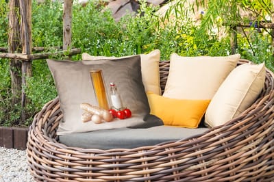 Buitenkussens - Tuin - Spaghetti - Melk - Tomaten - Eieren - Brood - 50x30 cm